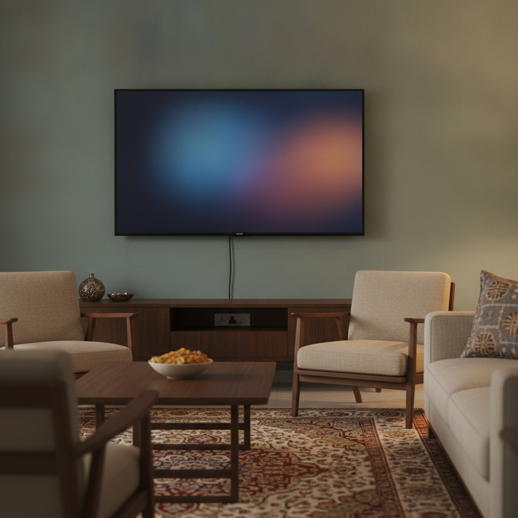 TCL 43V6C 43-inch 4K smart TV showing a cricket match in an Indian living room