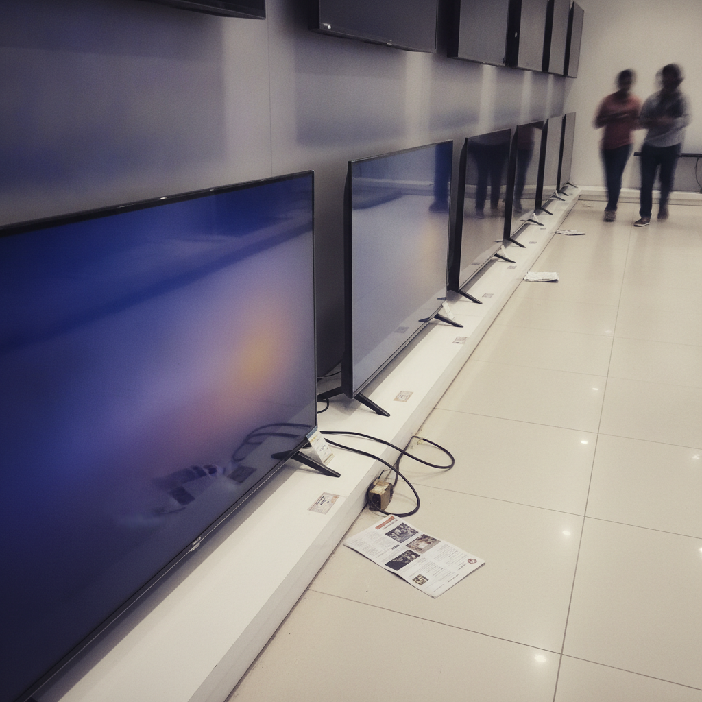 Samsung, LG, Sony, Xiaomi and TCL smart TVs displayed side by side in an Indian electronics showroom for a brand comparison