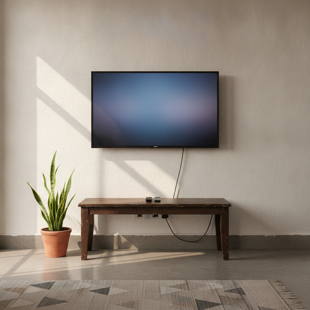 Samsung Crystal 4K Smart TV mounted on a living room wall in an Indian apartment
