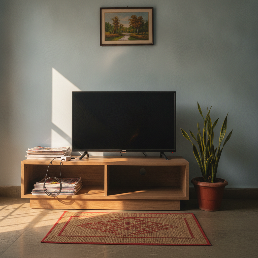 Xiaomi Smart TV in a compact Indian apartment living room, budget smart TV