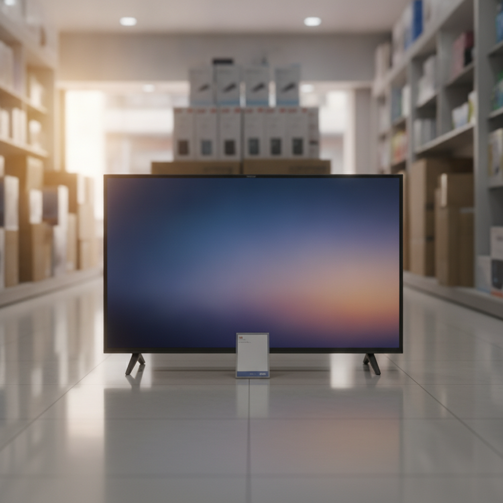 TCL QLED Smart TV displayed in an Indian electronics store, mid-range TV brand