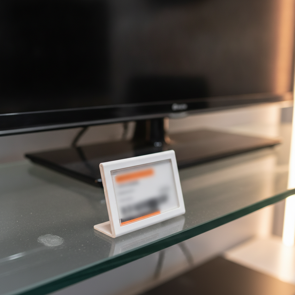 Close-up of a budget QLED TV price tag on a shelf in an Indian electronics store next to a similarly priced LED TV