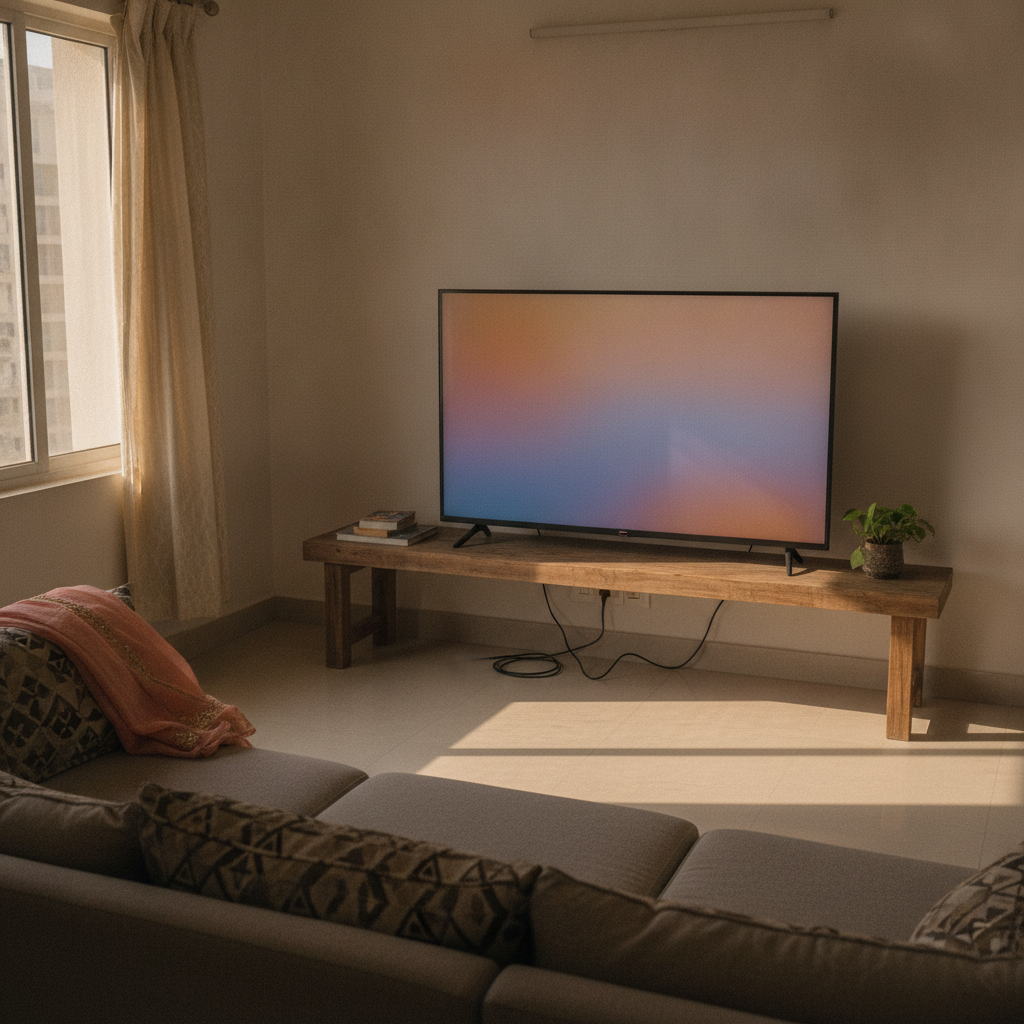 Empty sofa facing a 43-inch smart TV on a wooden media console in a sunlit Indian apartment living room