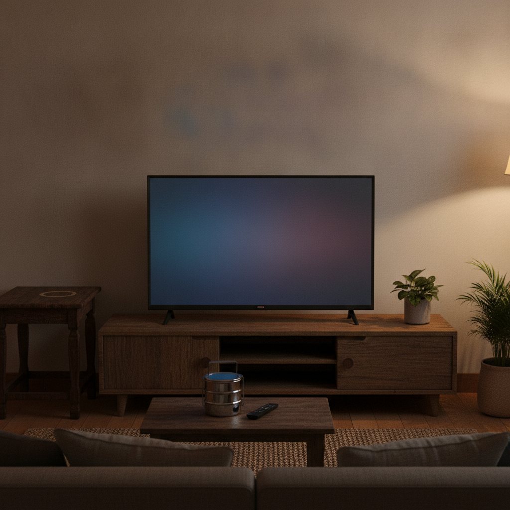 43-inch TV on a low TV unit in a lived-in Indian living room with a steel tiffin box and remote on the table