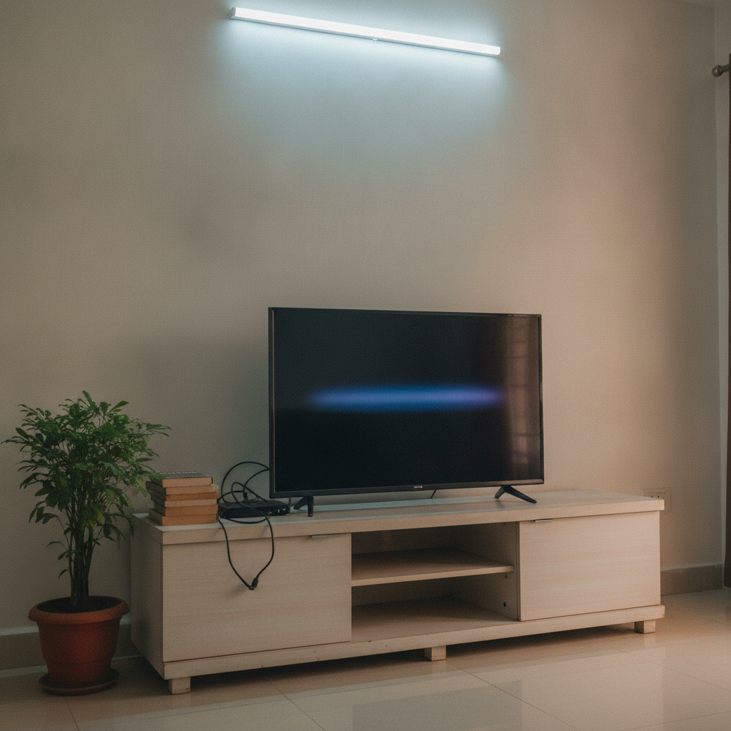 Hisense 43E6S 43-inch 4K Google TV on a TV unit in a middle-class Indian living room