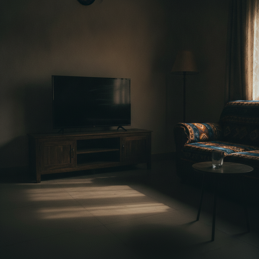 43-inch TV on a stand in a dimly lit Indian living room at night with a single lamp in the corner