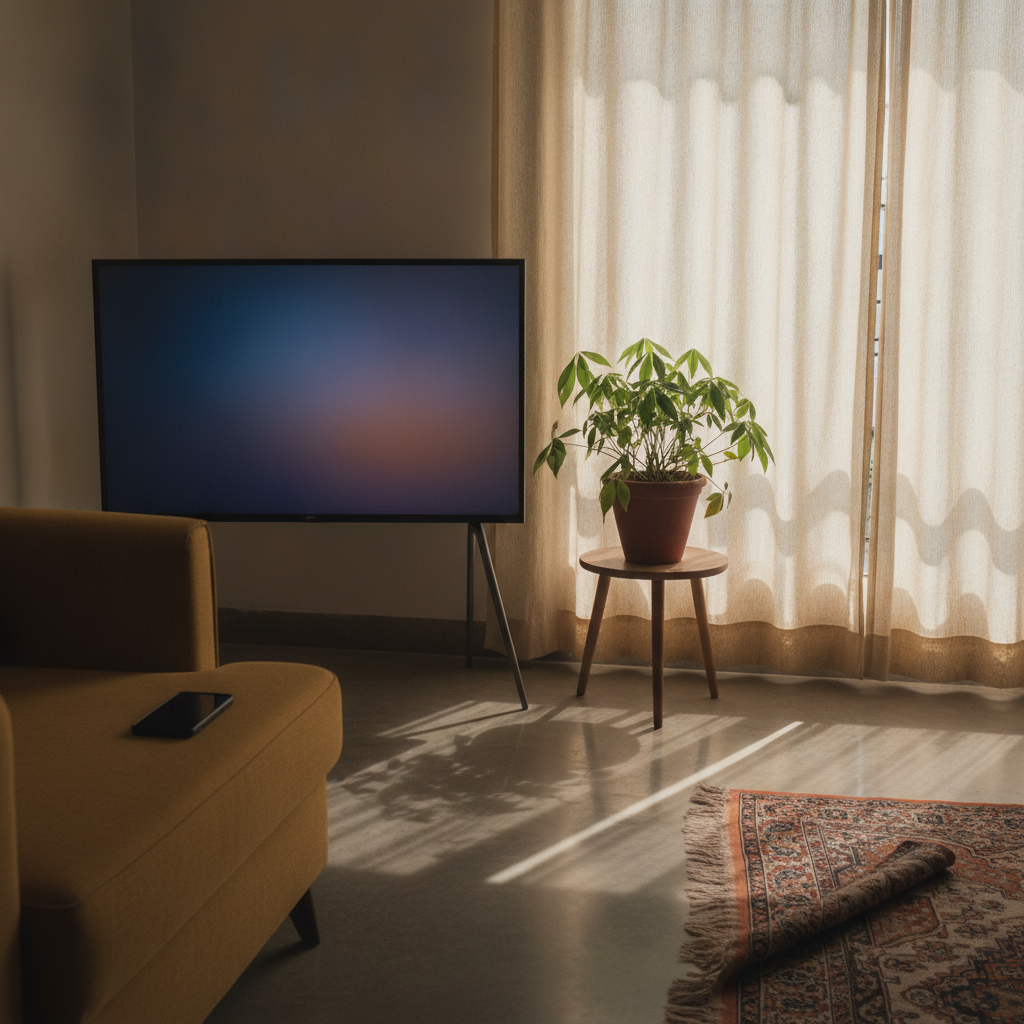 Samsung Mini LED 43-inch TV on a stand in an Indian apartment living room