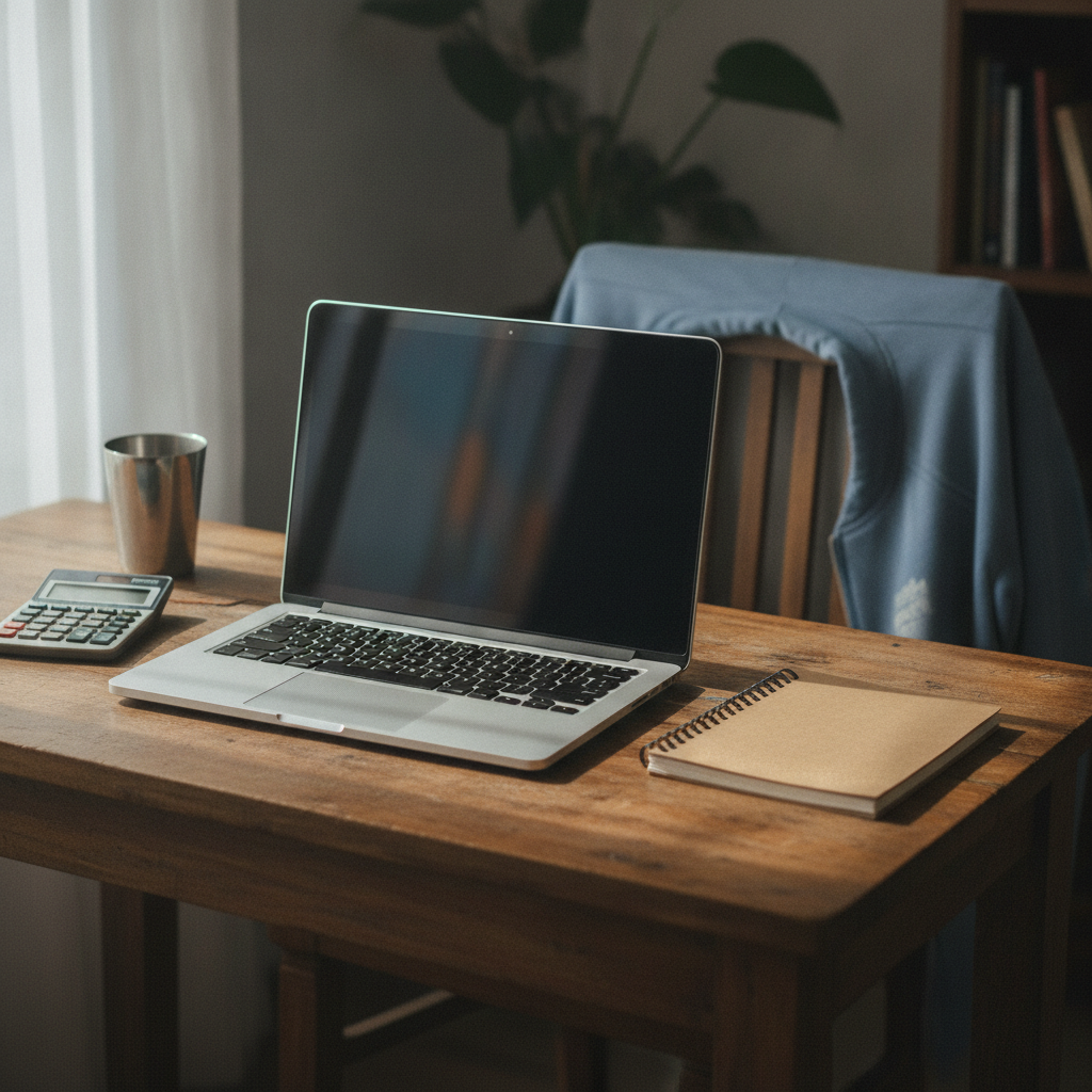 Budget laptop open on a wooden study desk beside a calculator and notebook, weighing up what a Rs 35,000 budget can buy