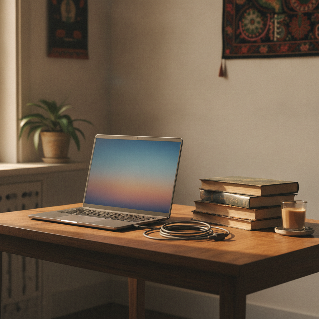 Lenovo IdeaPad Slim 1 laptop open on a study table in a middle-class Indian home, budget Windows laptop