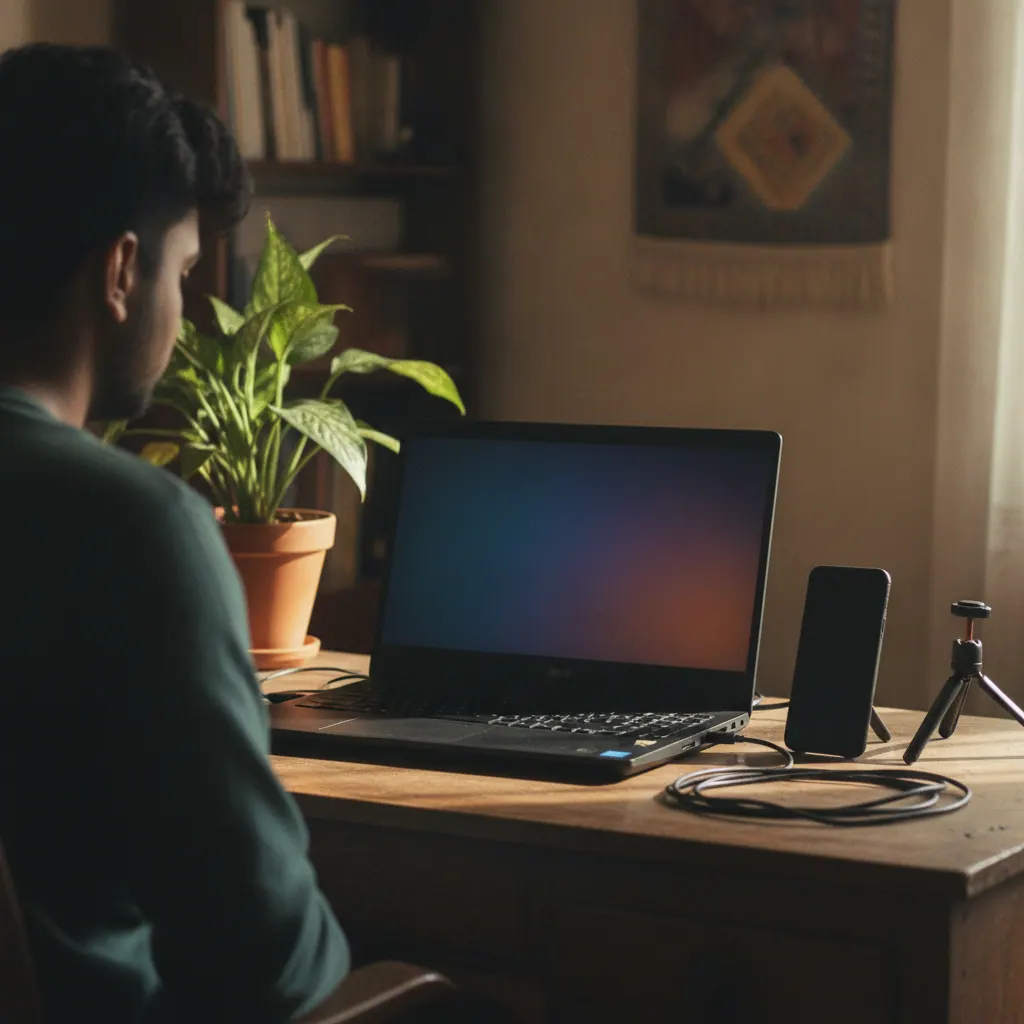 Young Indian video editor working on a DaVinci Resolve timeline on a gaming-style laptop at a home desk with a phone and tripod nearby, best laptop for video editing in India