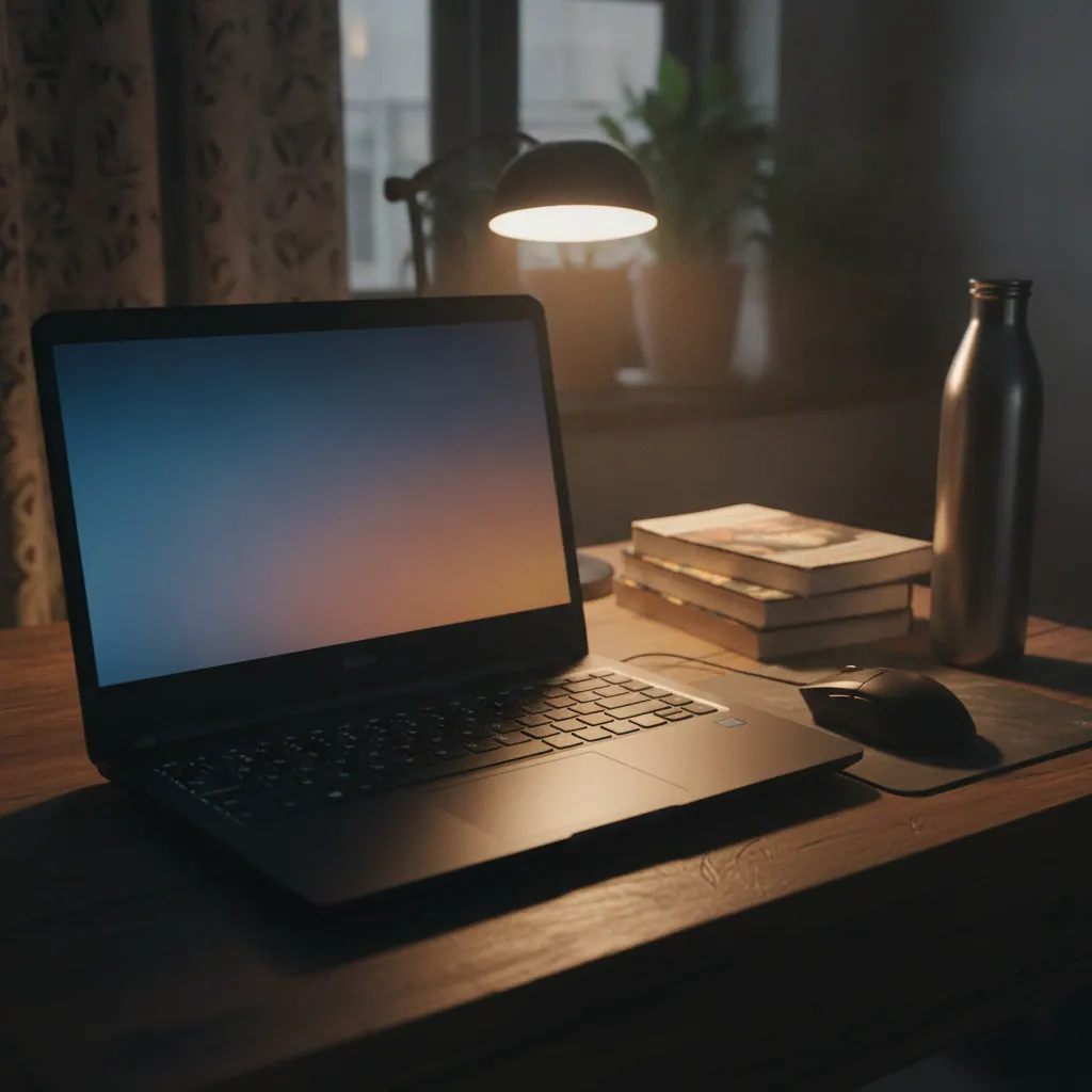 Gaming-style laptop on a desk in an Indian home with a video editing timeline on screen