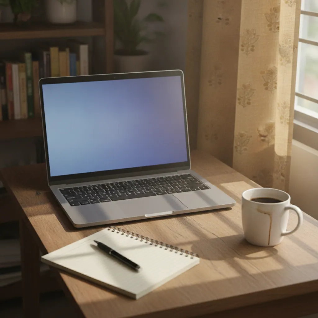 Laptop open on a study table in an Indian home with a video editing project on screen