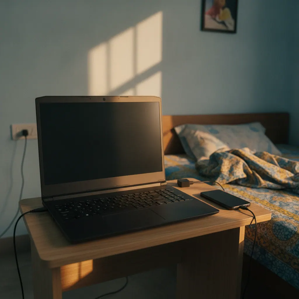 Budget gaming-style laptop on a desk in a small Indian bedroom used for beginner video editing