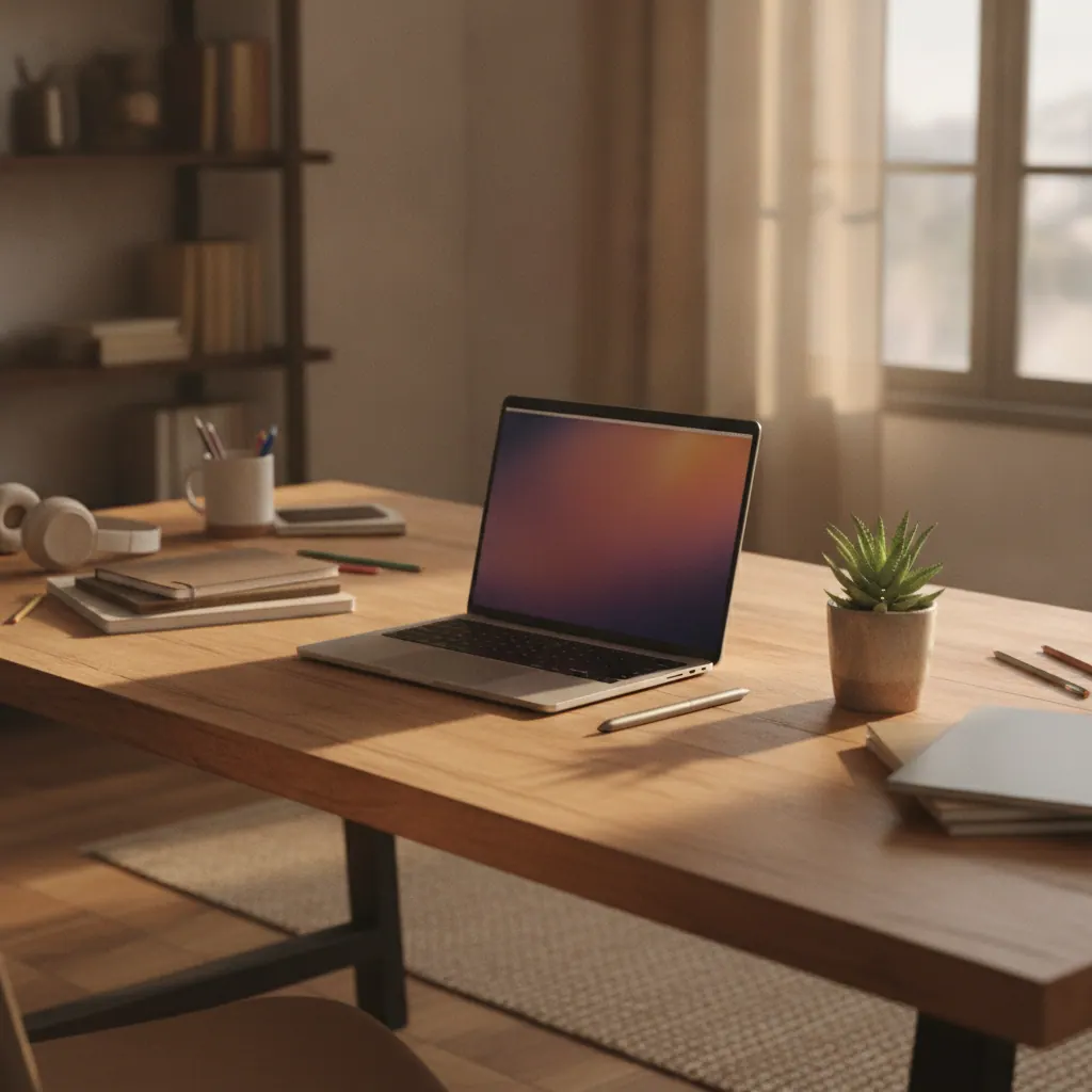 Thin laptop with an OLED-style screen showing a photo editing workspace on a designer's desk in India
