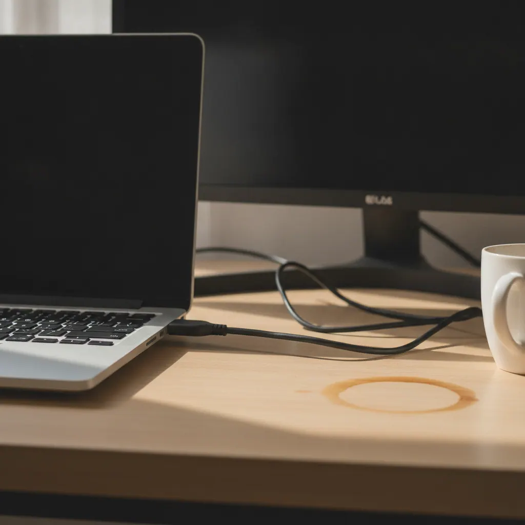 Close-up of a laptop and external monitor on a desk, showing the ports used for a video editing setup