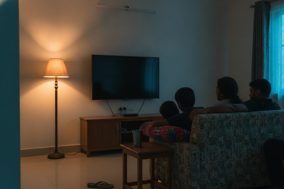 Indian family watching a 50-inch 4K smart TV from a sofa in a middle-class Indian living room, best TV under 30000