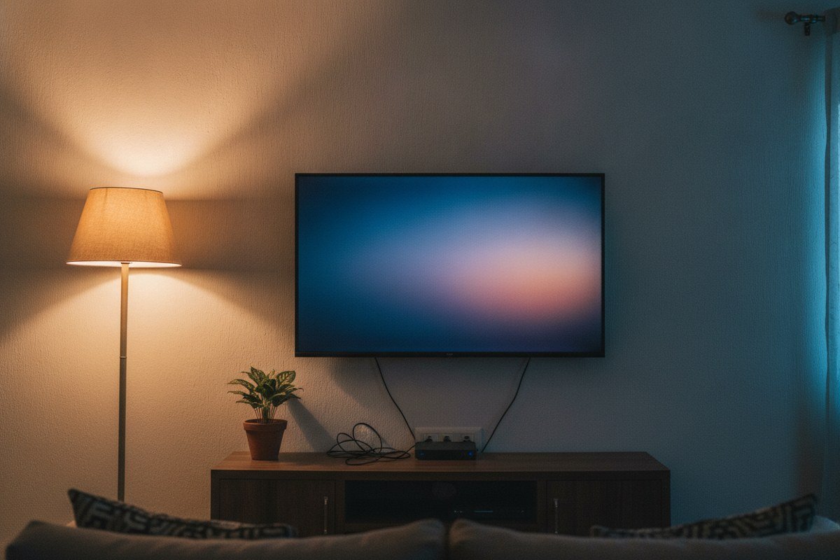 A 55-inch 4K smart TV mounted on a wall in a lived-in Indian living room, evening, with a floor lamp and a sofa below