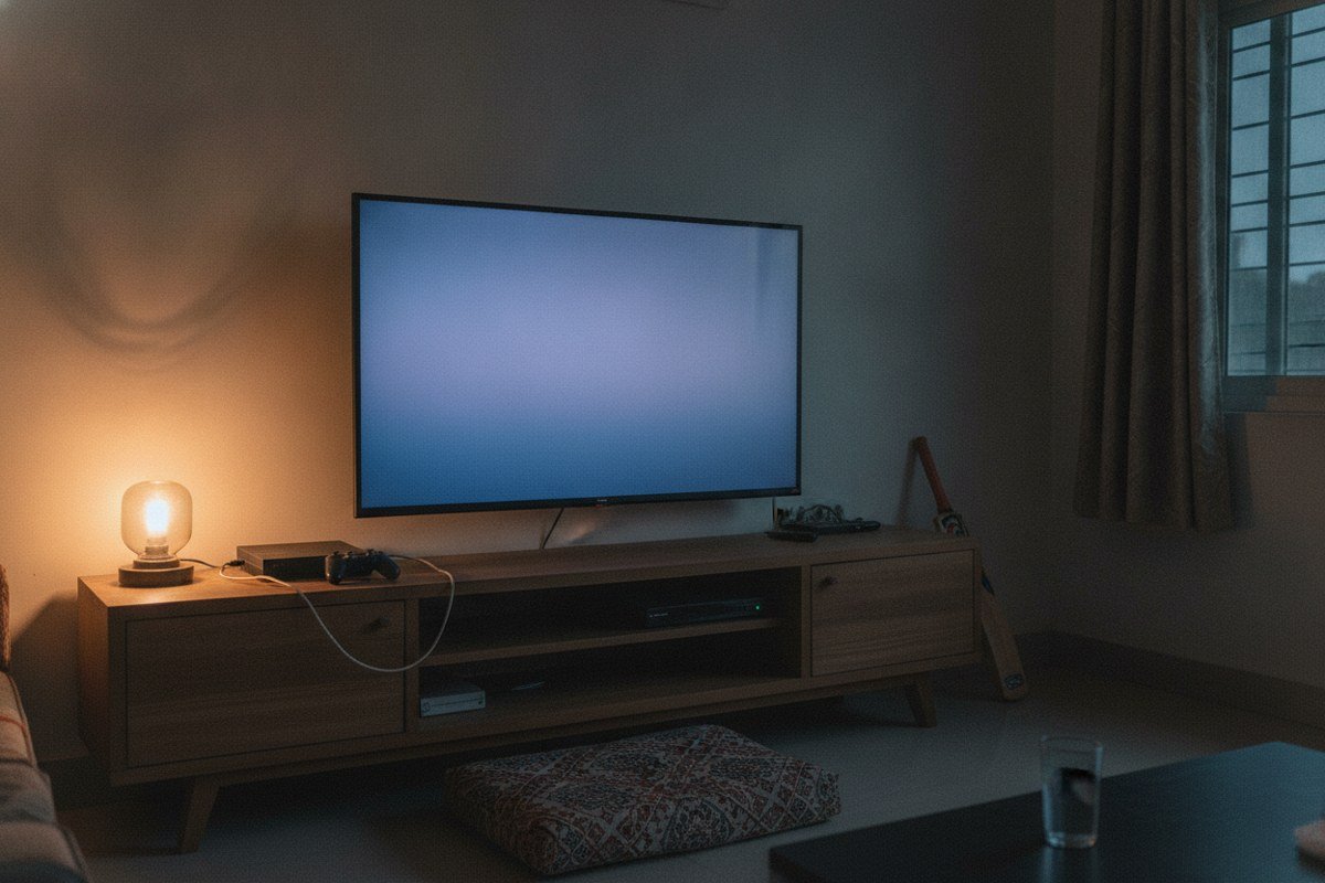 A 50-inch QLED TV on a TV unit with a game console and controller beside it in an Indian apartment living room