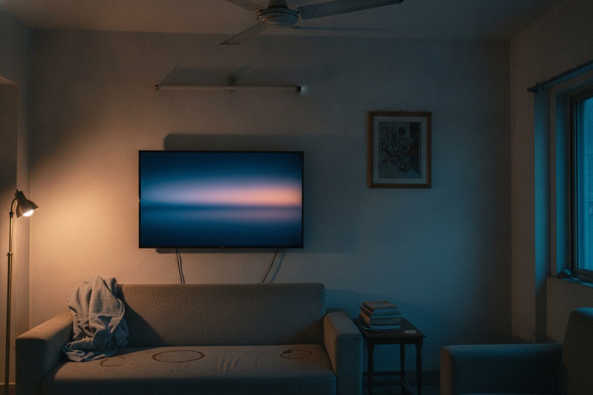 Xiaomi X 55-inch 4K Google TV mounted on a wall above a sofa in an Indian home