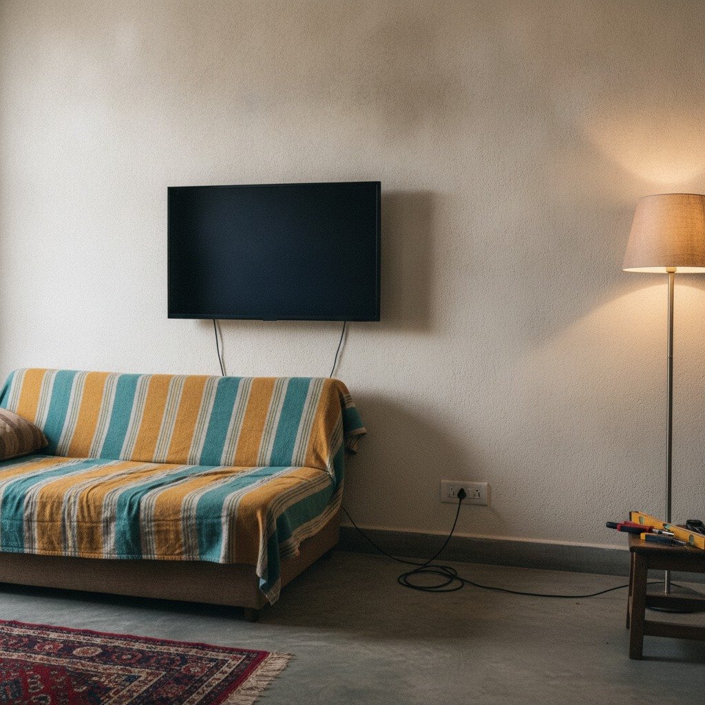 Slim LED television mounted flat on a plastered wall in an Indian living room, with a striped throw on the sofa and a floor lamp beside it