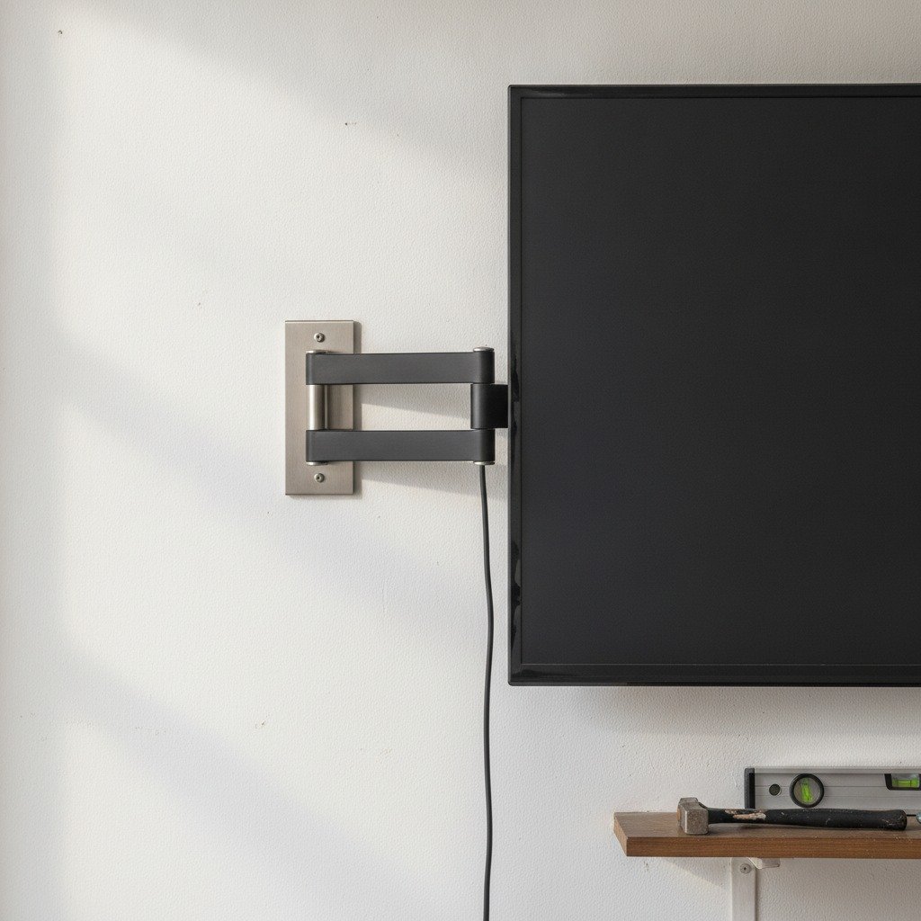 Full-motion TV wall bracket with a folding arm holding a flat-screen television away from a plain white wall
