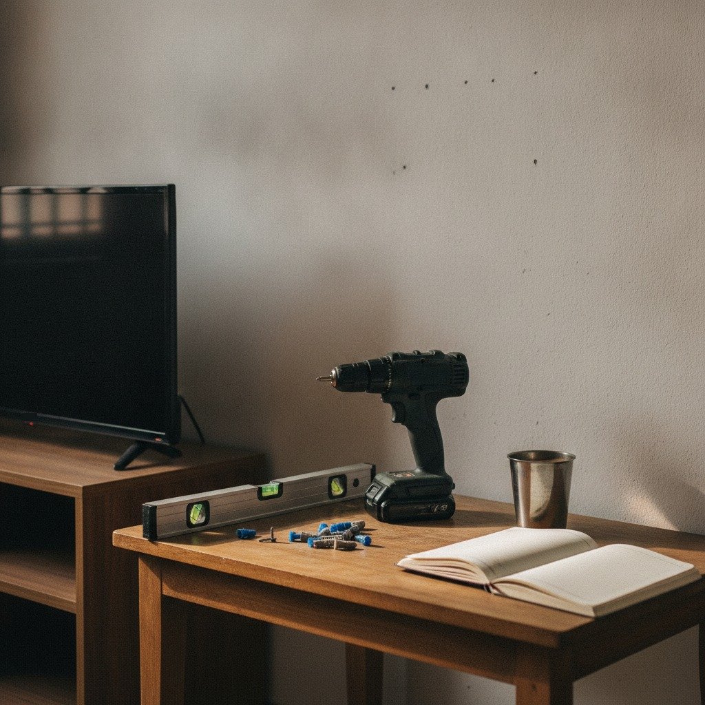 Spirit level, cordless drill and wall plugs laid out on a wooden table beside a plastered wall with pencil marks, ready for a TV mount